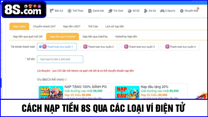 nạp tiền 8S qua các loại ví điện tử