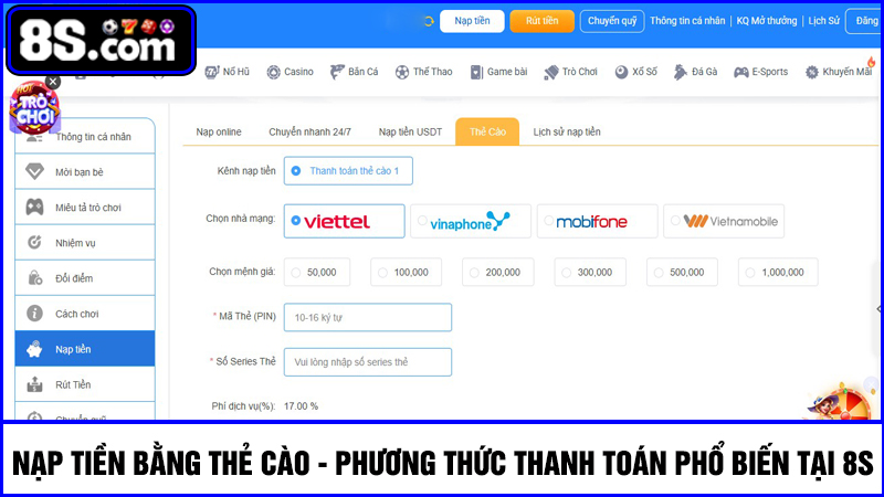 nạp tiền 8S Thẻ cào
