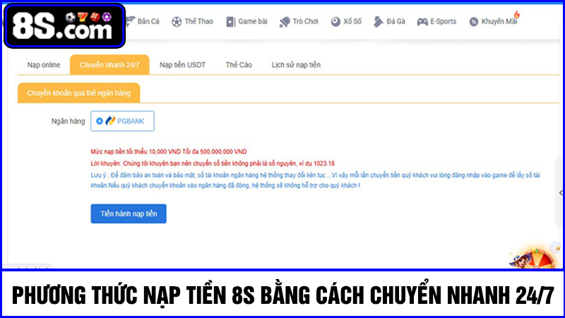 nạp tiền 8S chuyển nhanh 24/7